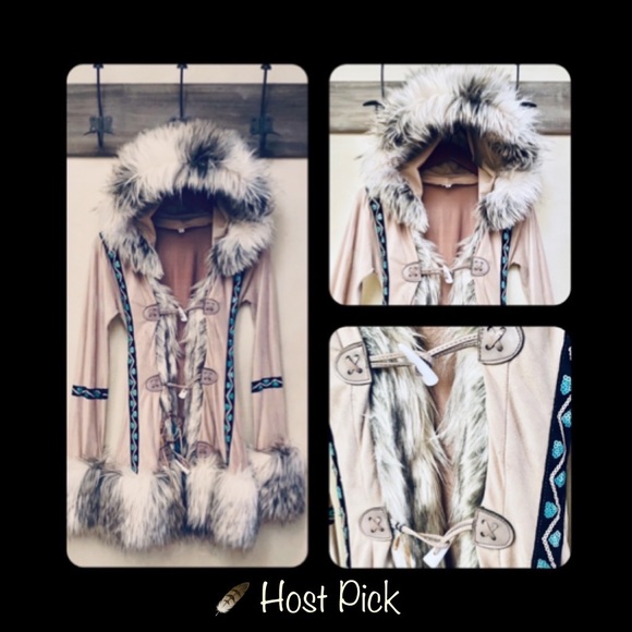 Vintage Jackets & Blazers - Nordic Vintage Embellished Faux Suede & Fur Hooded Coat-S/M